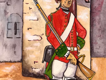 Dragoun pluku Hessen-Darmstadt, zařazeného roku 1758 pod velením Franze hraběte Walderode do olomoucké posádky. Kresba Haralda Skaly.